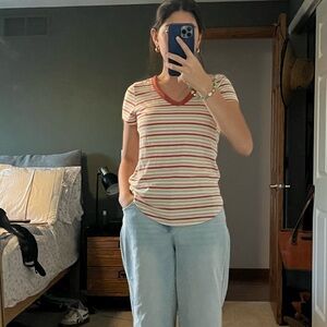 SO Red and Cream Striped V-Neck Tee